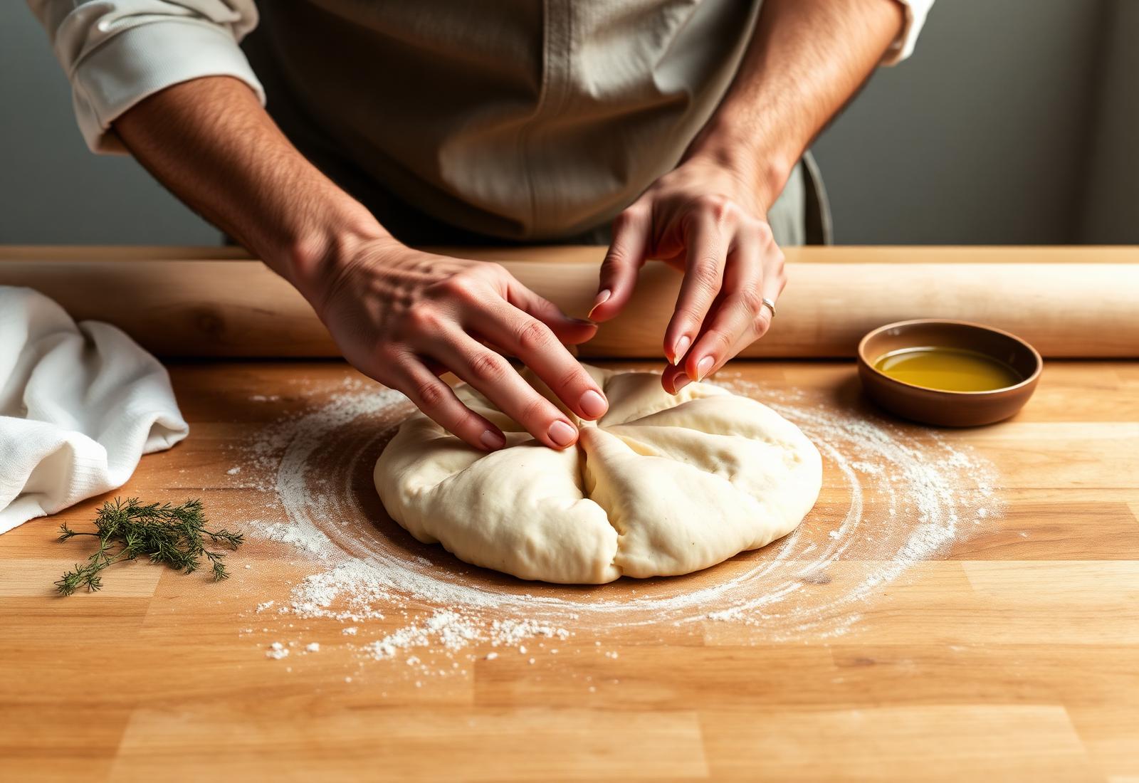 A baker shaping fresh manoushe dough